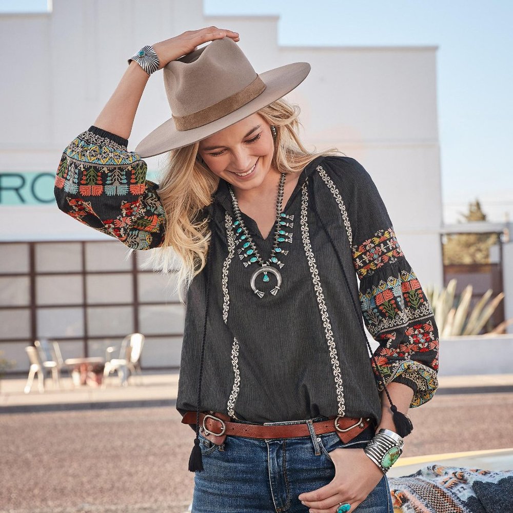 Sundance Black and White Embellished 3/4 Sleeve Blouse